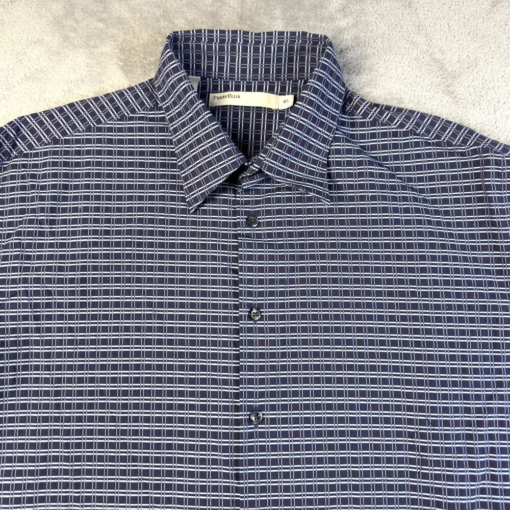 Perry Ellis Shirt Men Extra Large Blue Black Long Sleeve Button Up Cotton Office